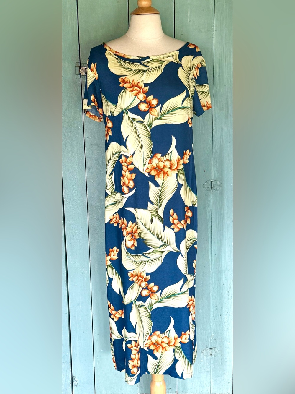 Ho Aloha Blue Retro Floral Statement Print Short Sleeve Rayon Midi Dress Slit M